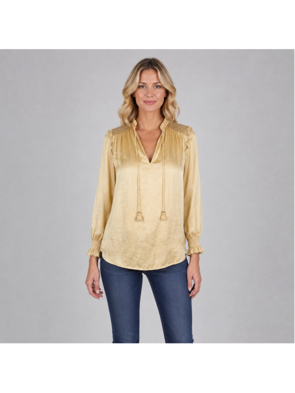 PAIGE Kaylynn Blouse Gold Butter Satin Smocked V Neck Long Sleeve Tassel Top XS